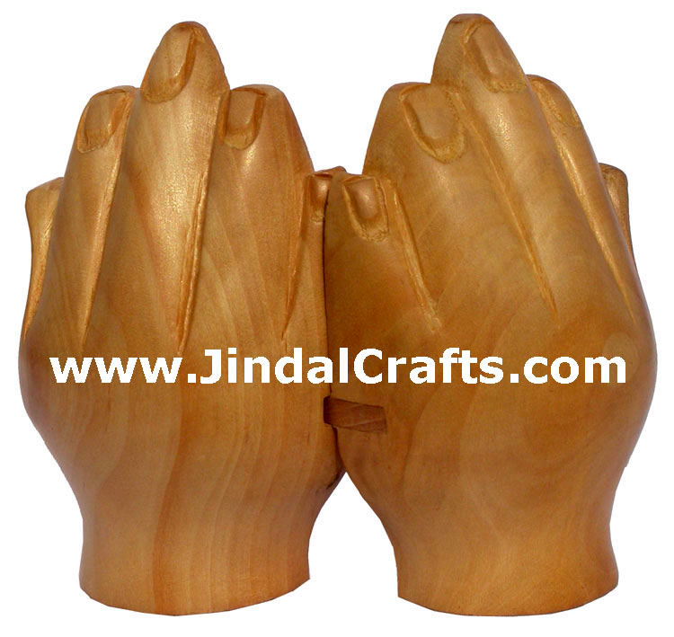 Handmade Wood Buddha Namastey Figure India Buddhist Art Handicrafts Sculptures