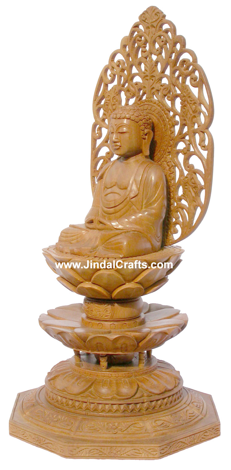 Wood Sculpture Handmade Buddha in meditation over Lotus