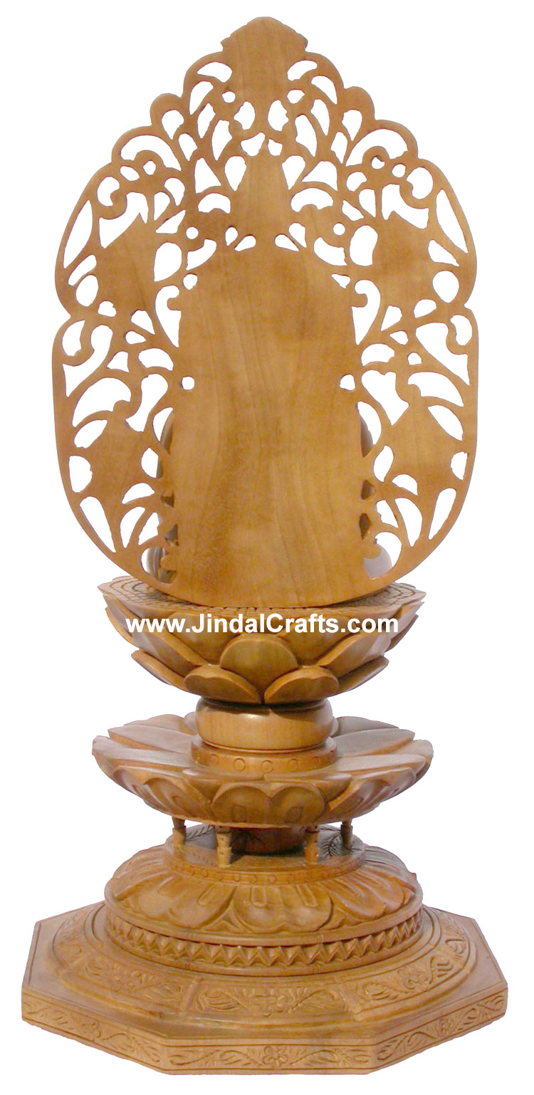 Wood Sculpture Handmade Buddha in meditation over Lotus