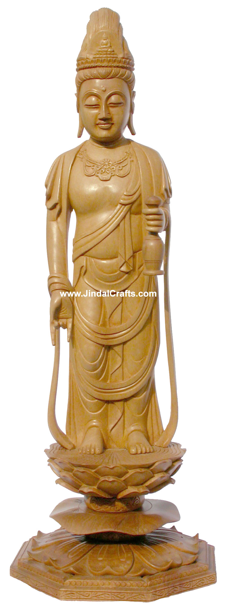Handmade Wood Sculpture Buddha on Flower Lotus Indian