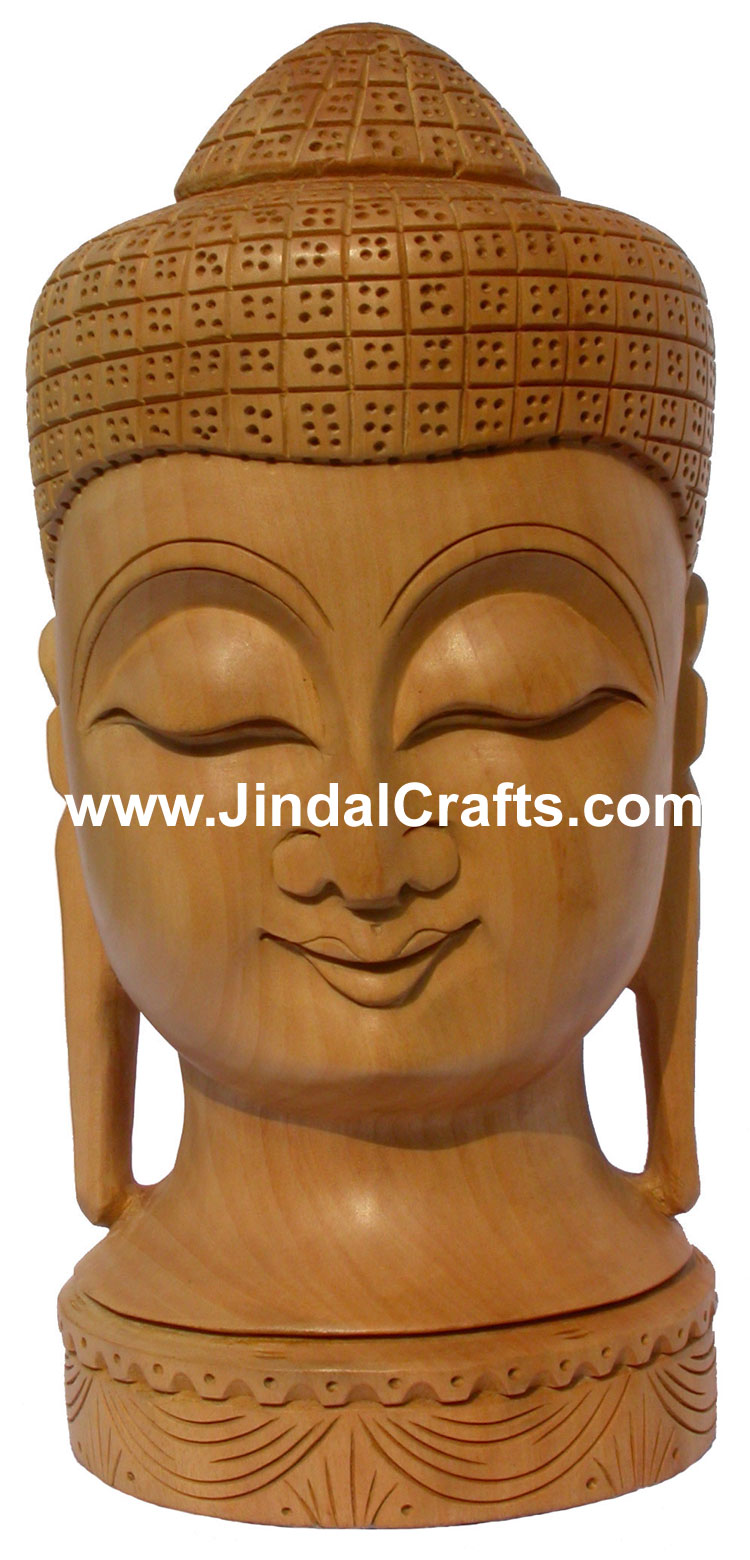 Wood Sculpture Handmade Buddha Head Figure India Art