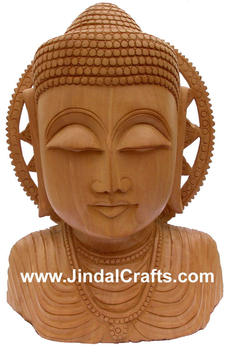 Wood Sculpture Hand Crafted Peaceful Buddha Bust in Meditation Sculpture Statues