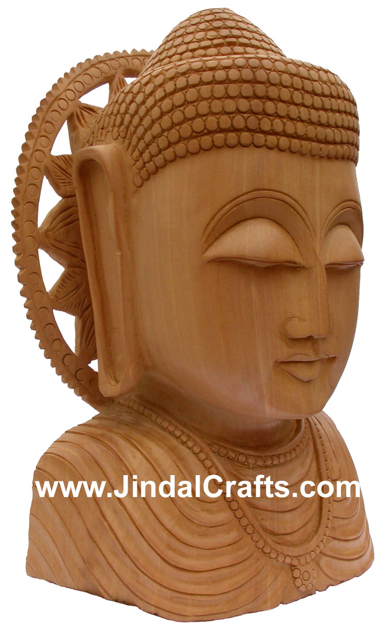 Wood Sculpture Hand Crafted Peaceful Buddha Bust in Meditation Sculpture Statues
