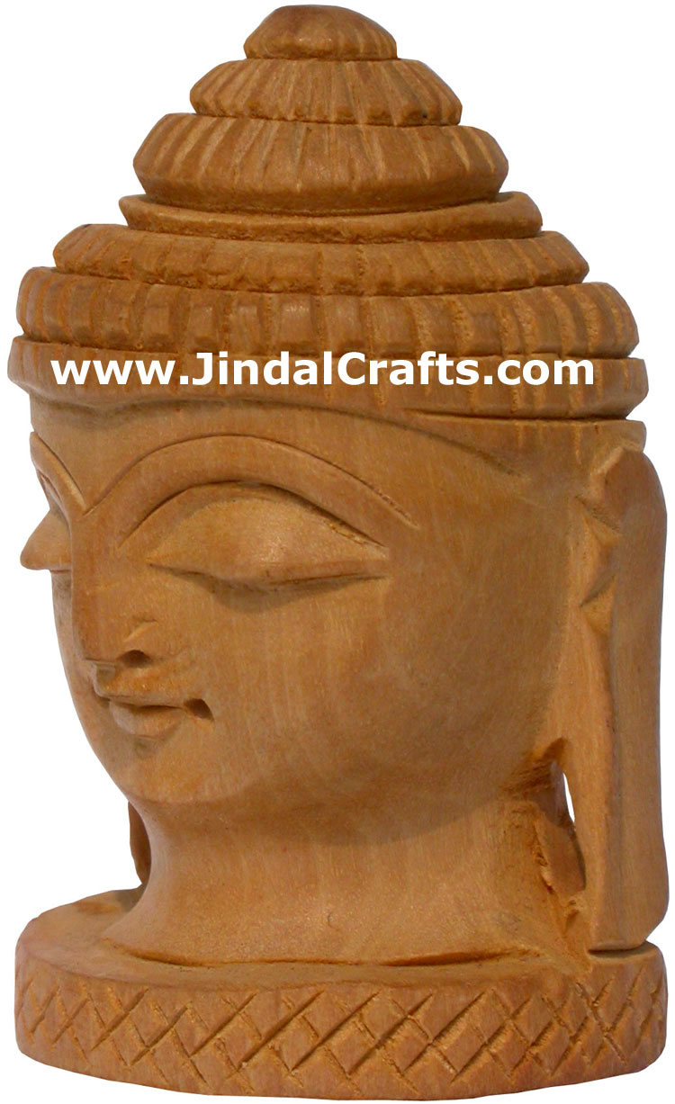 Handmade Kadam Wooden Carved Buddha Head India Artefact