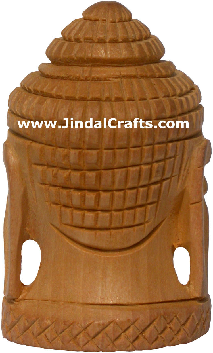 Handmade Kadam Wooden Carved Buddha Head India Artefact