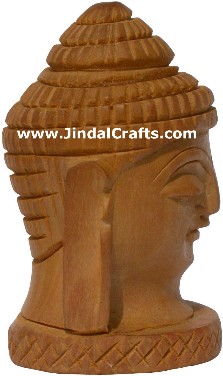 Handmade Kadam Wooden Carved Buddha Head India Artefact