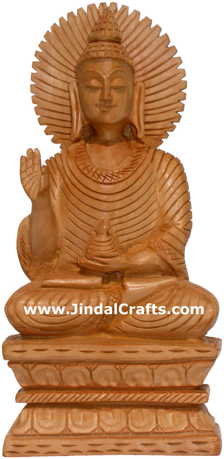 Hand Carved Wooden Gautam Buddha Figure India Art