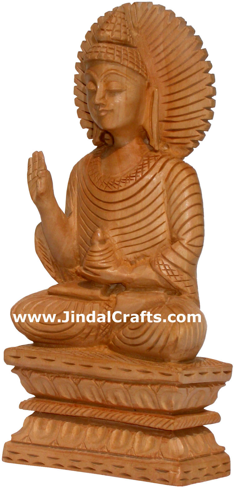 Hand Carved Wooden Gautam Buddha Figure India Art