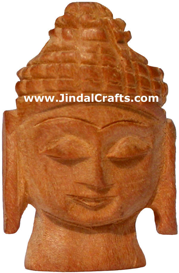 Hand Carved Wooden Gautam Buddha Head Figure India Art