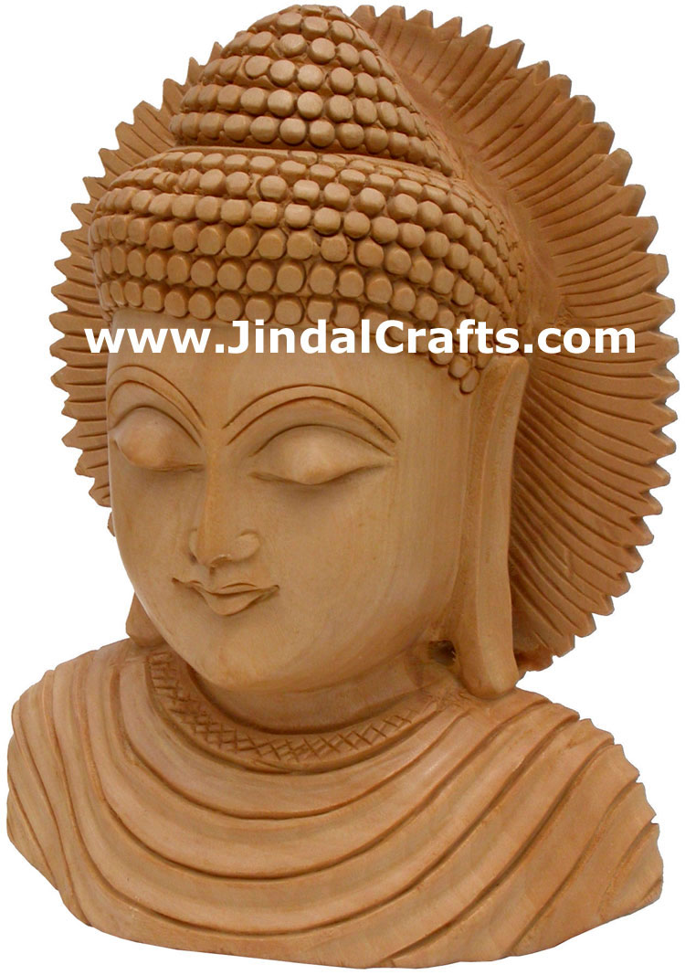 Hand Carved Wooden Buddha Head Sculpture India Statue