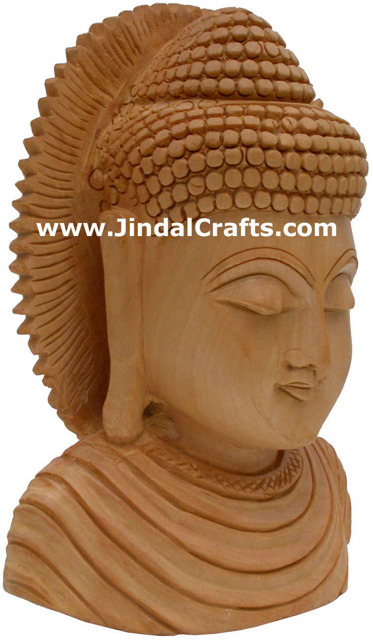 Hand Carved Wooden Buddha Head Sculpture India Statue