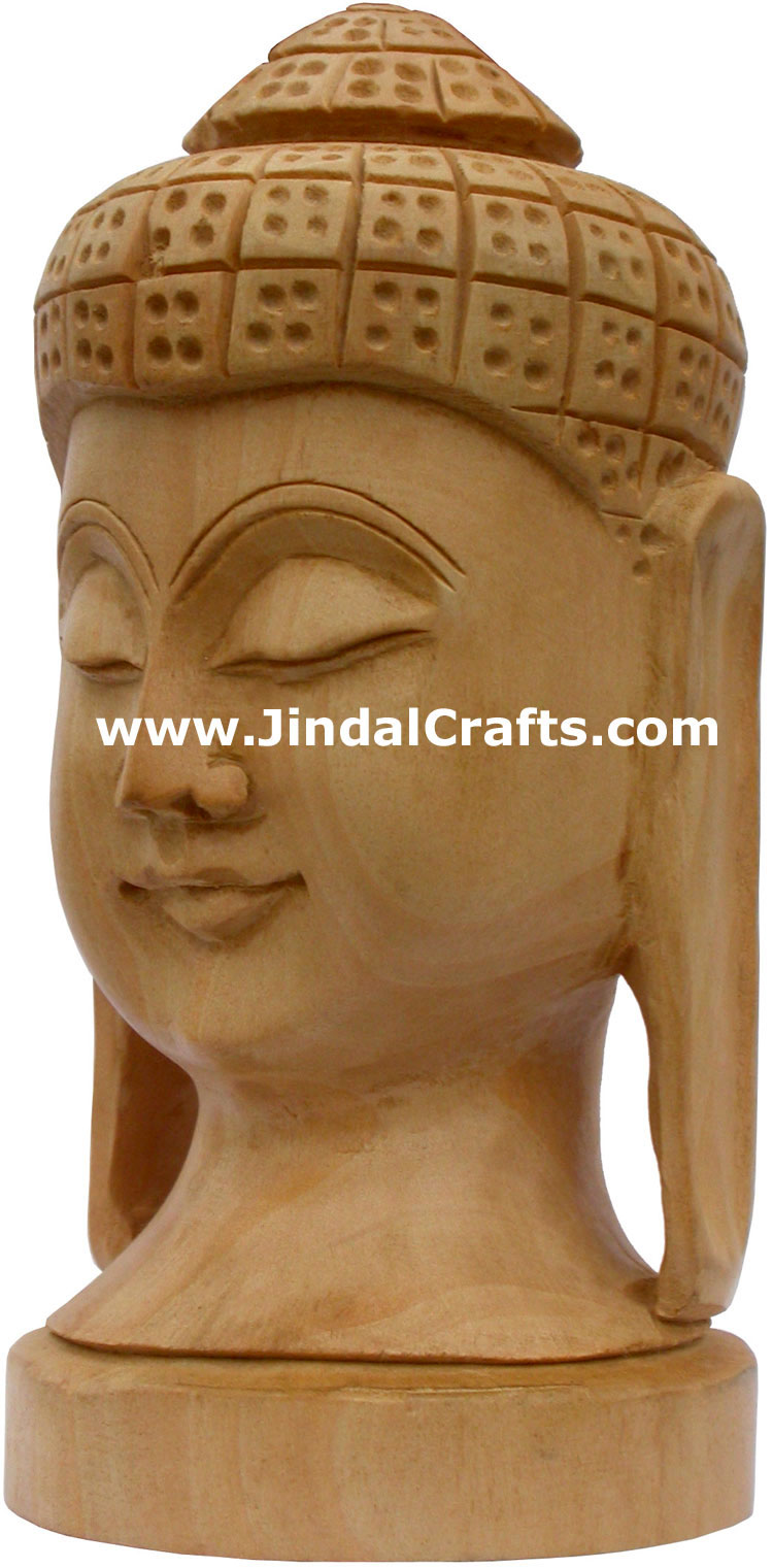 Buddha Head - Hand Carved Wooden Buddhism Figures Indian Handicraft Tibetan Arts