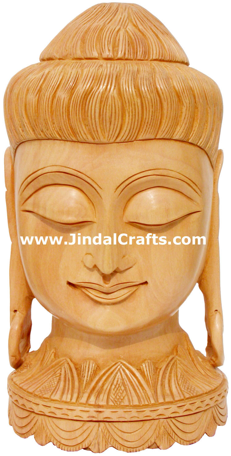 WOODEN HAND CARVED GAUTAM BUDDHA HEAD INDIAN WOOD ART IDOL SCULPTURE
