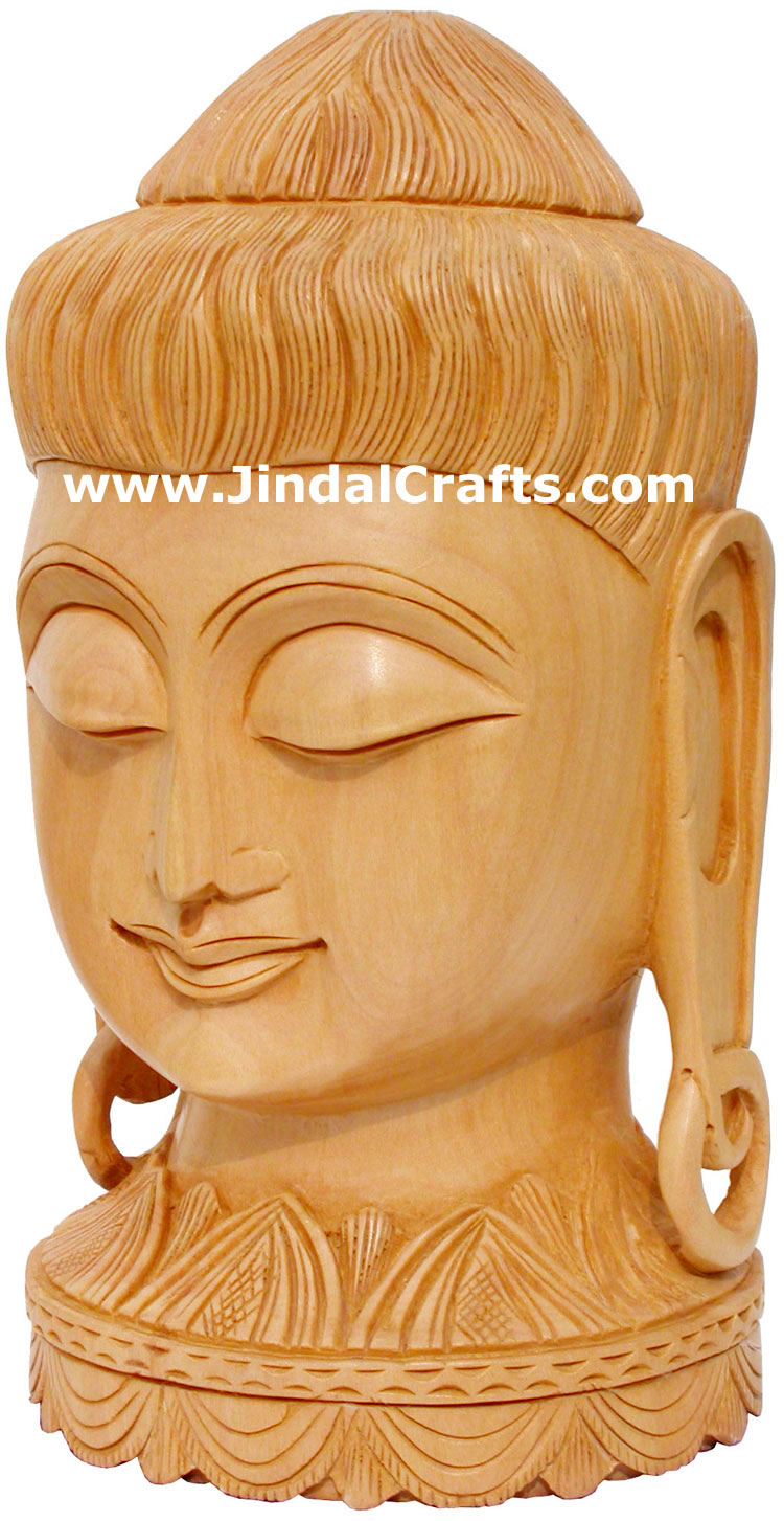 WOODEN HAND CARVED GAUTAM BUDDHA HEAD INDIAN WOOD ART IDOL SCULPTURE