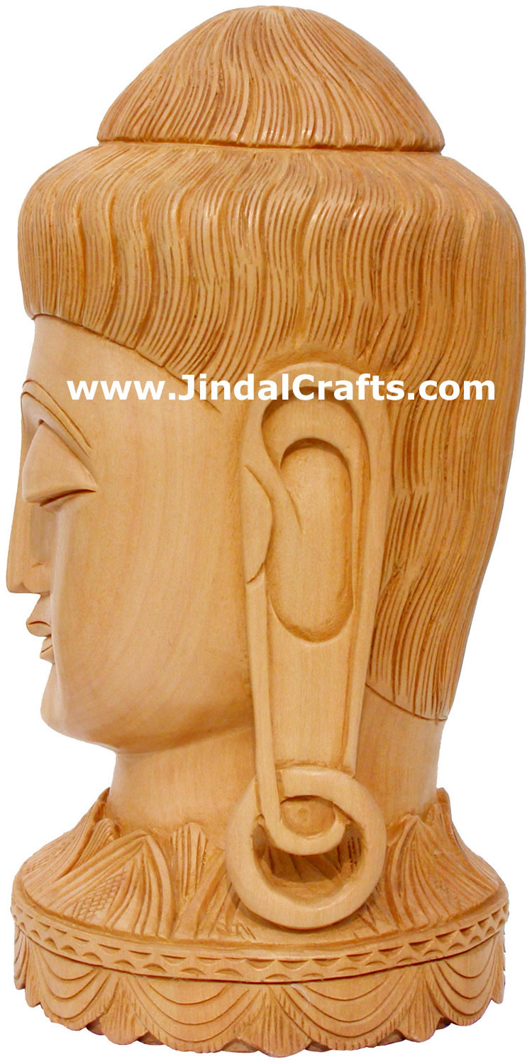 WOODEN HAND CARVED GAUTAM BUDDHA HEAD INDIAN WOOD ART IDOL SCULPTURE