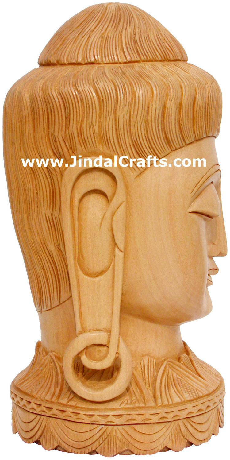 WOODEN HAND CARVED GAUTAM BUDDHA HEAD INDIAN WOOD ART IDOL SCULPTURE