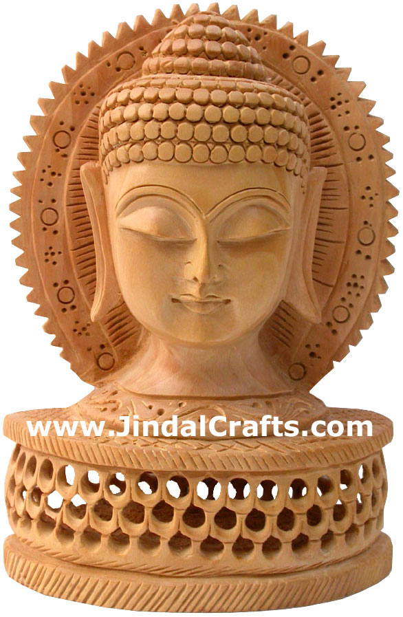 Handmade Wood Sculpture Buddha Head Figurine Indian Art