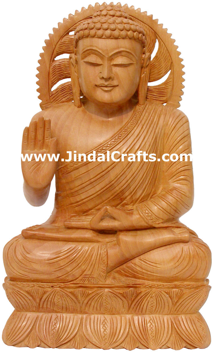 Wood Hand Carved Gautam Buddha Figurine India Carving Art Buddhism Handicrafts