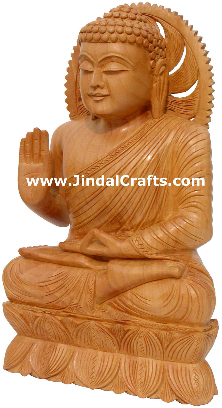 Wood Hand Carved Gautam Buddha Figurine India Carving Art Buddhism Handicrafts