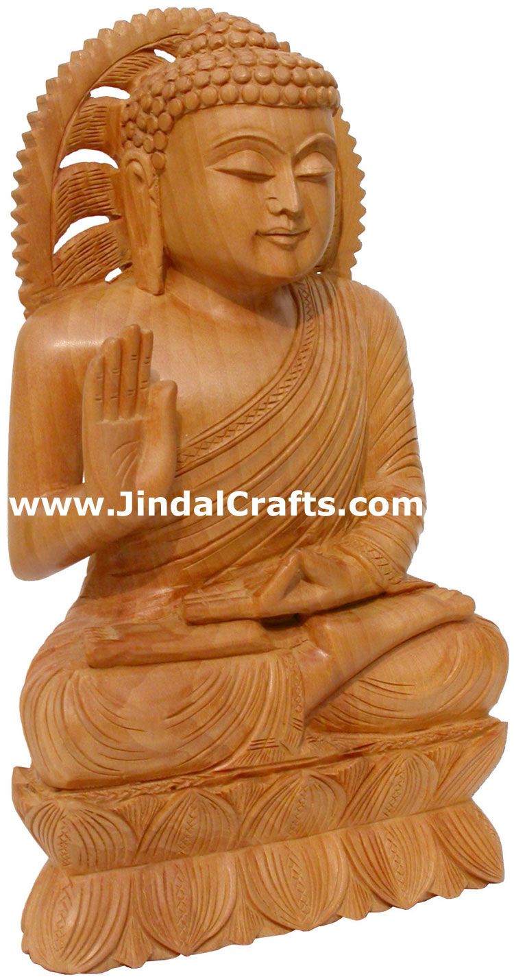 Wood Hand Carved Gautam Buddha Figurine India Carving Art Buddhism Handicrafts