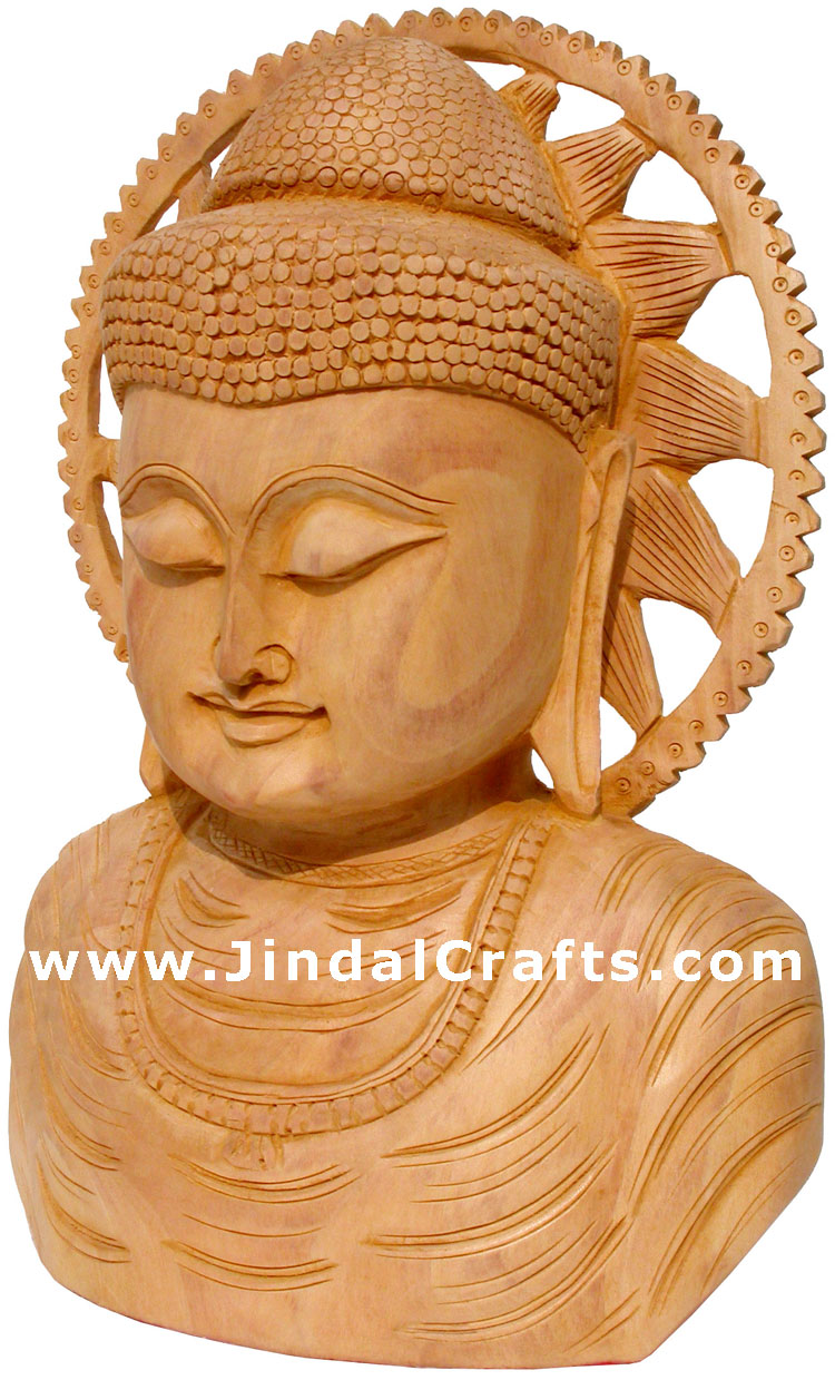 Handcrafted Wooden Buddha Sculpture Indian Artifact