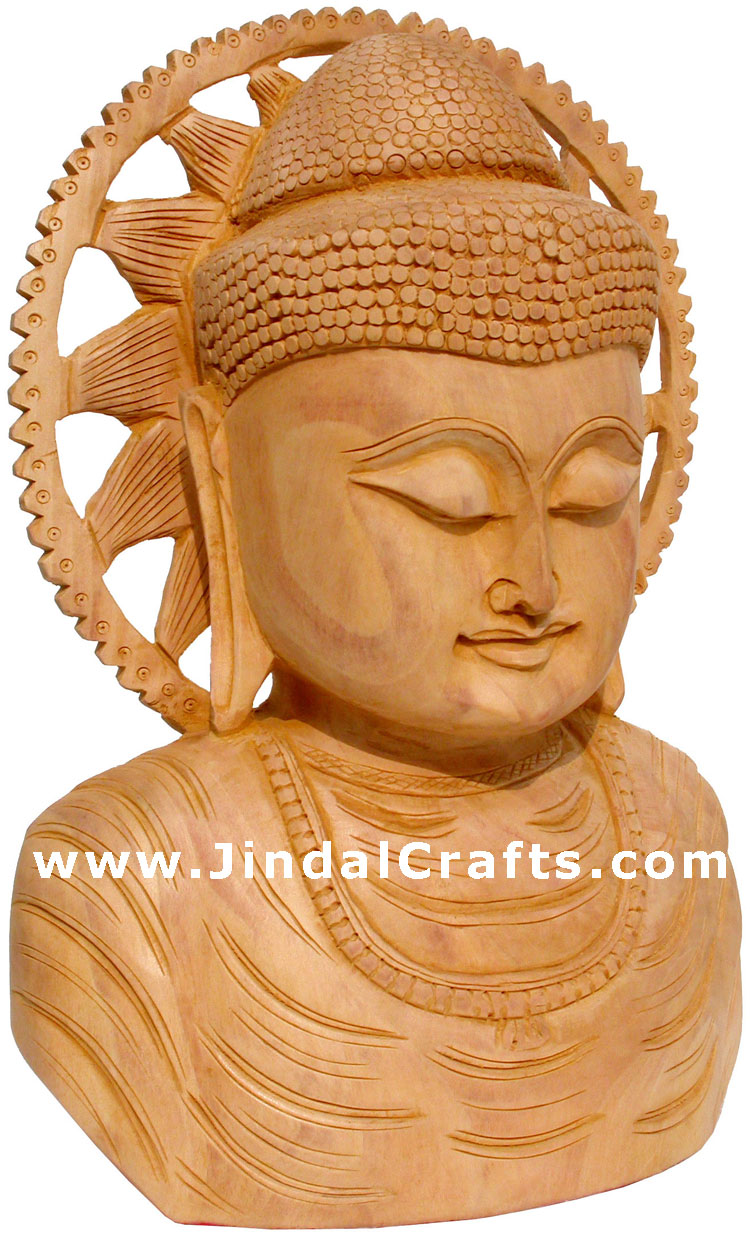 Handcrafted Wooden Buddha Sculpture Indian Artifact