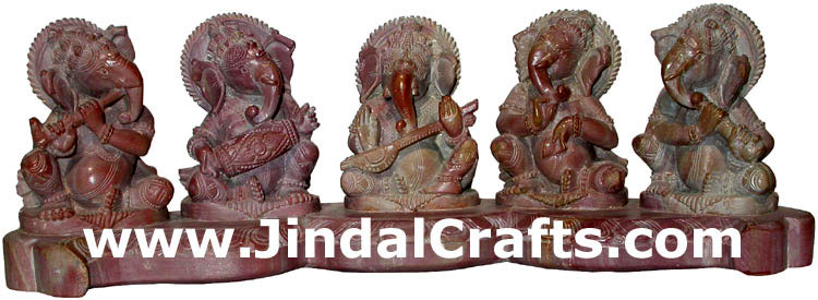 Musicians Lord Ganesha Set Hand Carved Stone Figure Indian Art Handicrafts Hindu