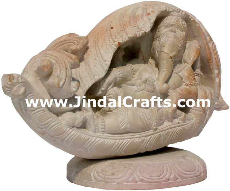 Hand Carved Stone Ganesha in Shankh Conch Figure Indian