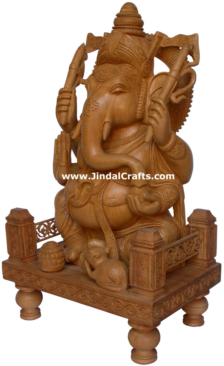 Hand Carved Wooden Lord Ganesha Figure Indian Art