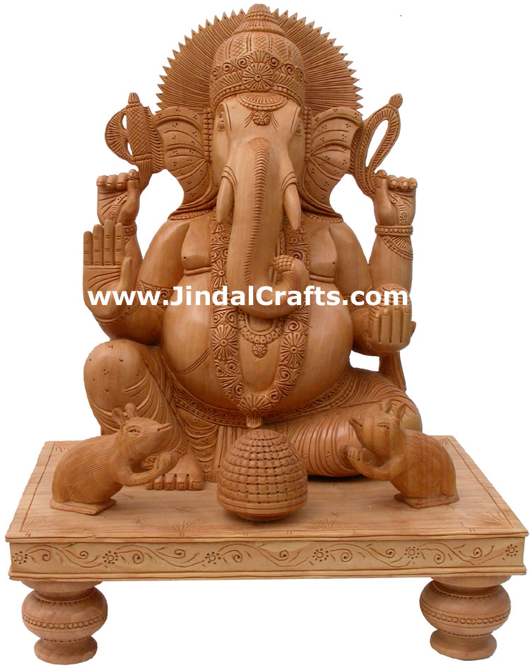 Handcarved Wooden Ganesha Indian Stucpture Art