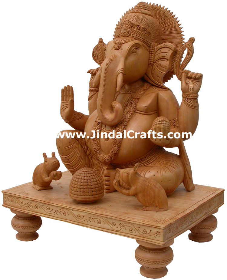Handcarved Wooden Ganesha Indian Stucpture Art