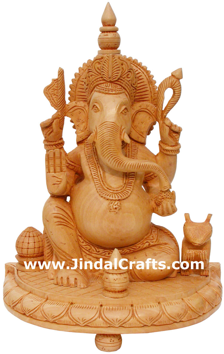 Wood Sculpture Handcarved Ganesha Statuette Indian Art