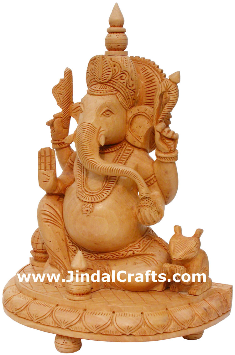Wood Sculpture Handcarved Ganesha Statuette Indian Art
