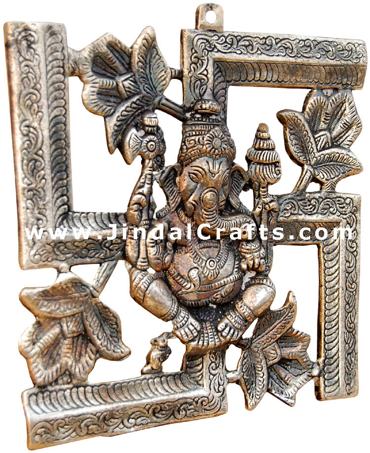 Ganesha with Swastic Symbol - White Metal Artifact