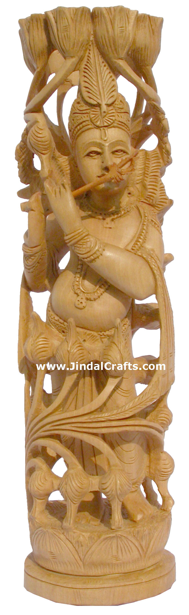 Wooden Hand Carved Sculpture Lord Krishna Statuette Hindu Religious Handicrafts