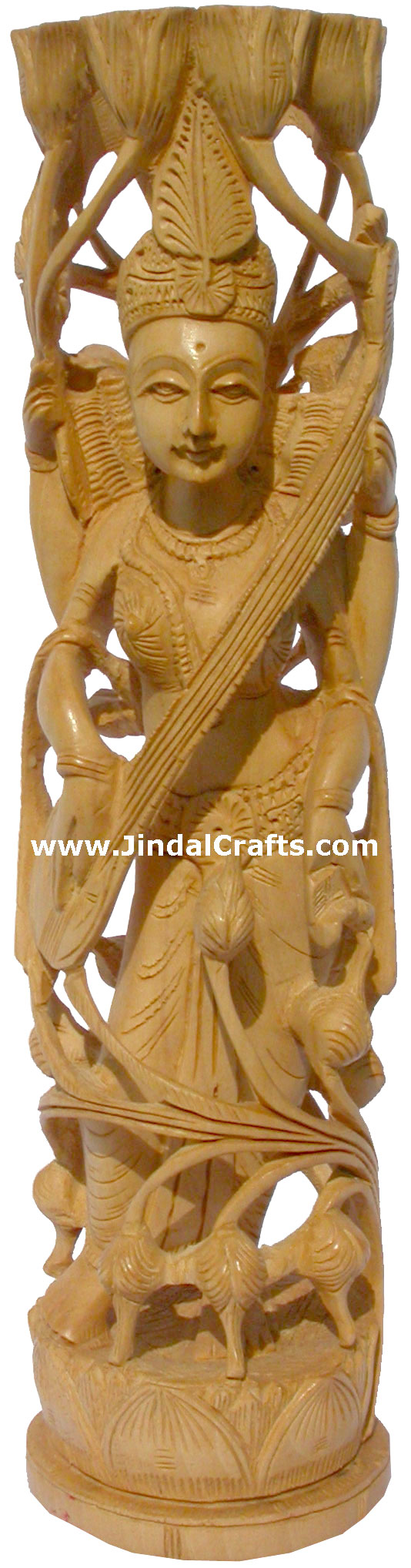 Wood Sculpture Goddess Saraswati Figure Indian Hindu Religious Artifacts Novica