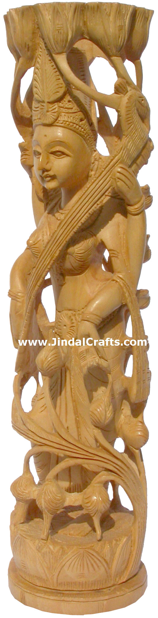 Wood Sculpture Goddess Saraswati Figure Indian Hindu Religious Artifacts Novica