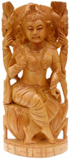 Handcrafted Wooden Goddess Lakshmi Hindu Sculpture Art