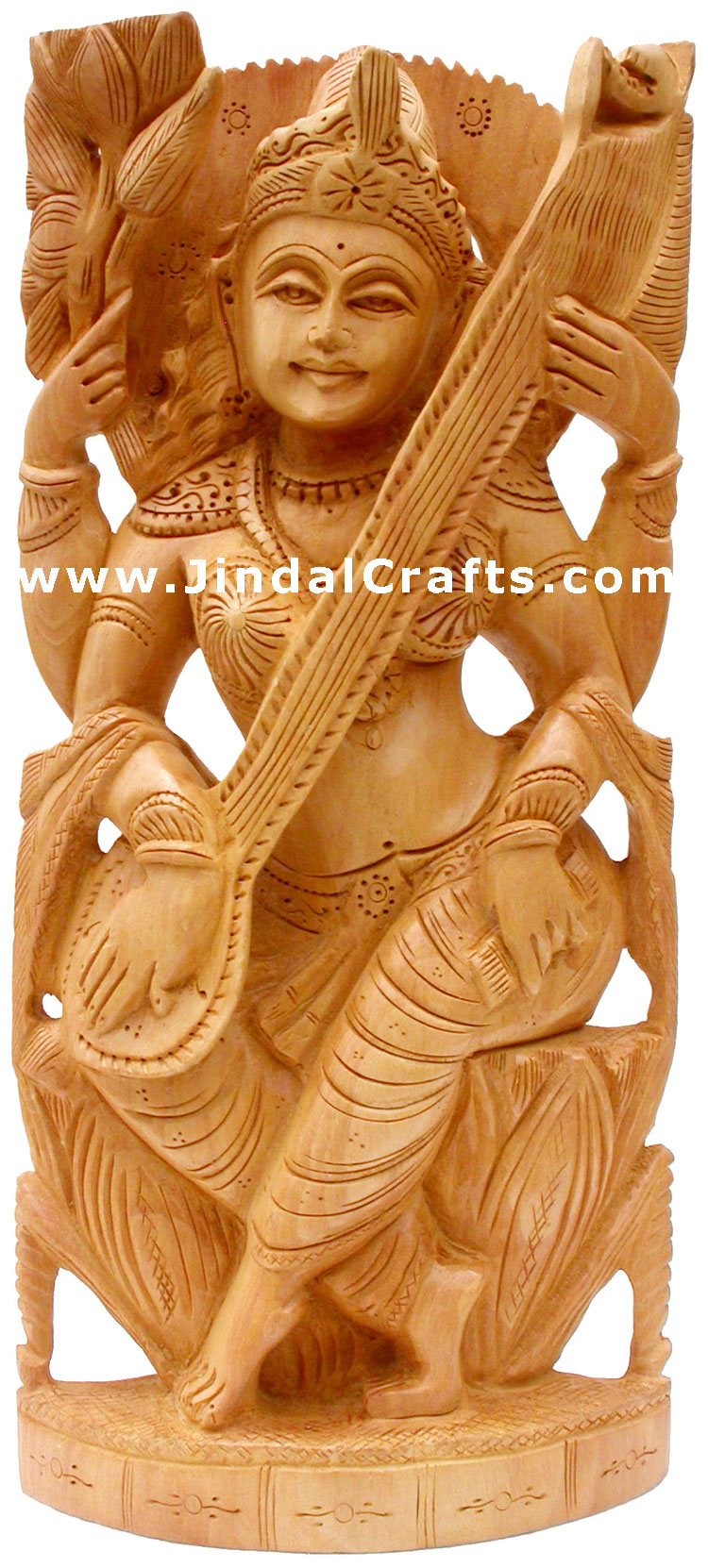 Handcrafted Wooden Goddess Saraswati Hindu Figurine Art