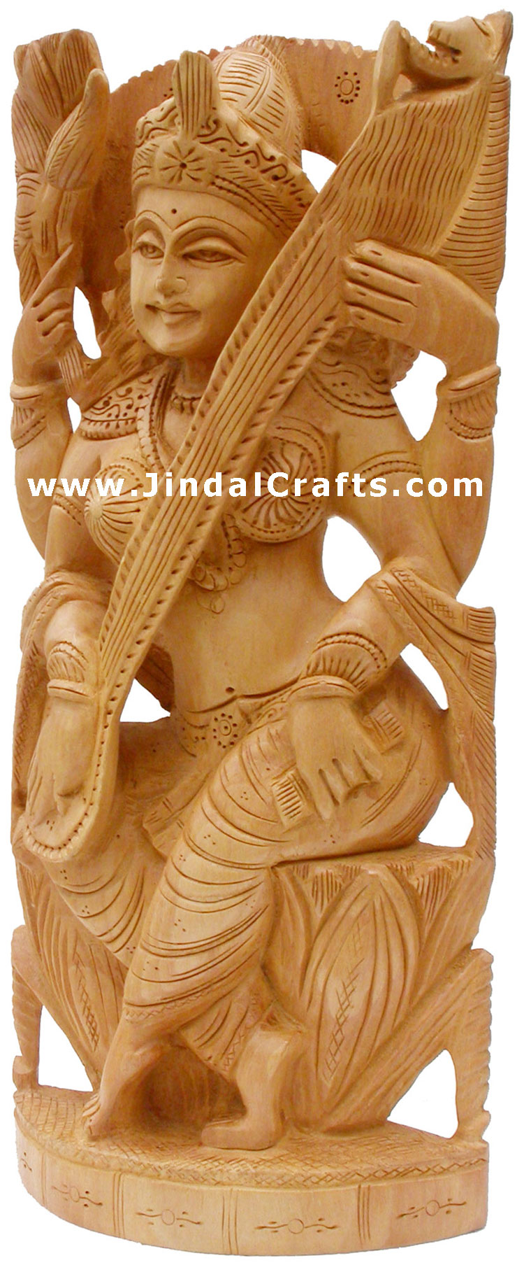 Handcrafted Wooden Goddess Saraswati Hindu Figurine Art