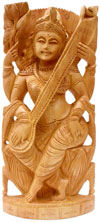 Handcrafted Wooden Goddess Saraswati Hindu Figurine Art