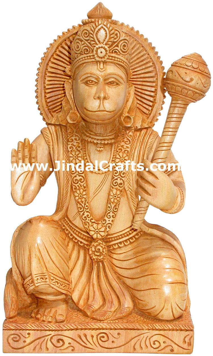 Hand Carved Wooden Hanuman Indian Hindu Religious Sculpture Artifact Idol Figure