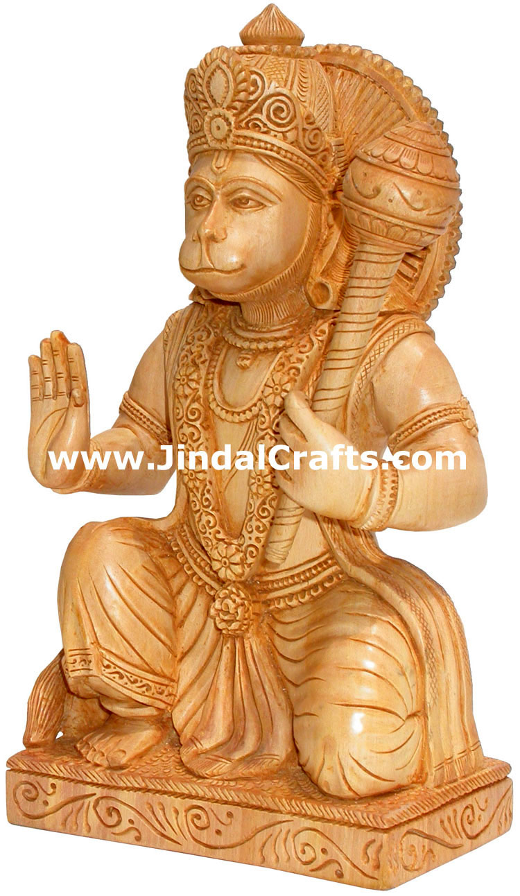 Hand Carved Wooden Hanuman Indian Hindu Religious Sculpture Artifact Idol Figure