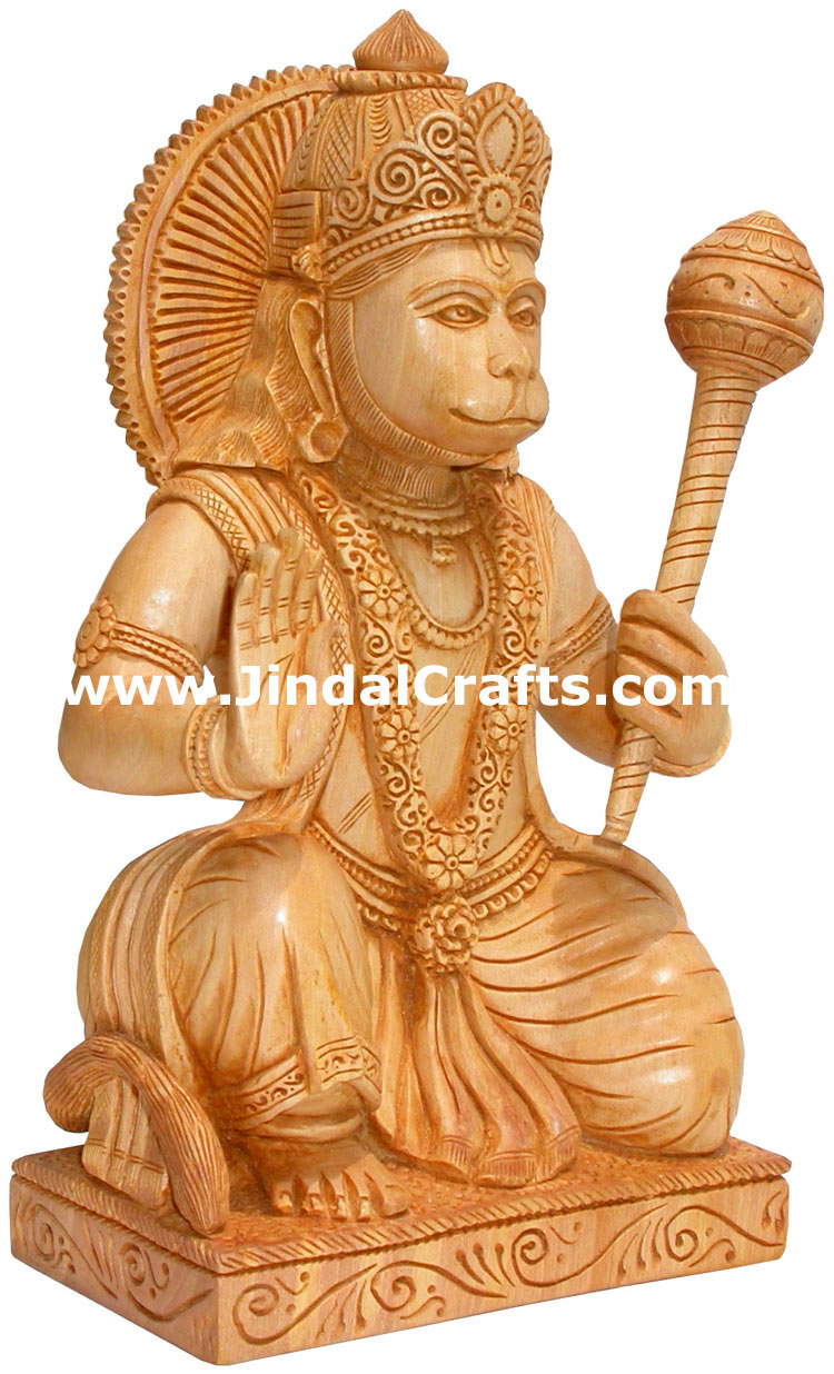 Hand Carved Wooden Hanuman Indian Hindu Religious Sculpture Artifact Idol Figure
