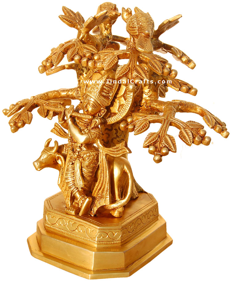 Lord Krishna Playing Flute Under Kadam Tree with Cow