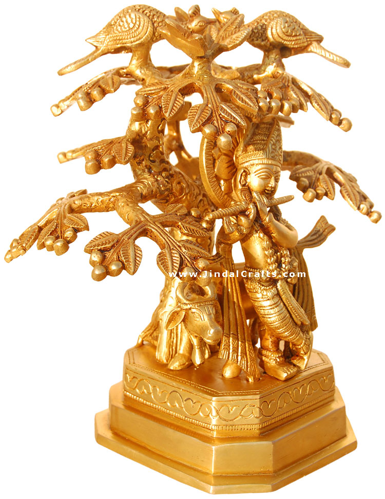 Lord Krishna Playing Flute Under Kadam Tree with Cow
