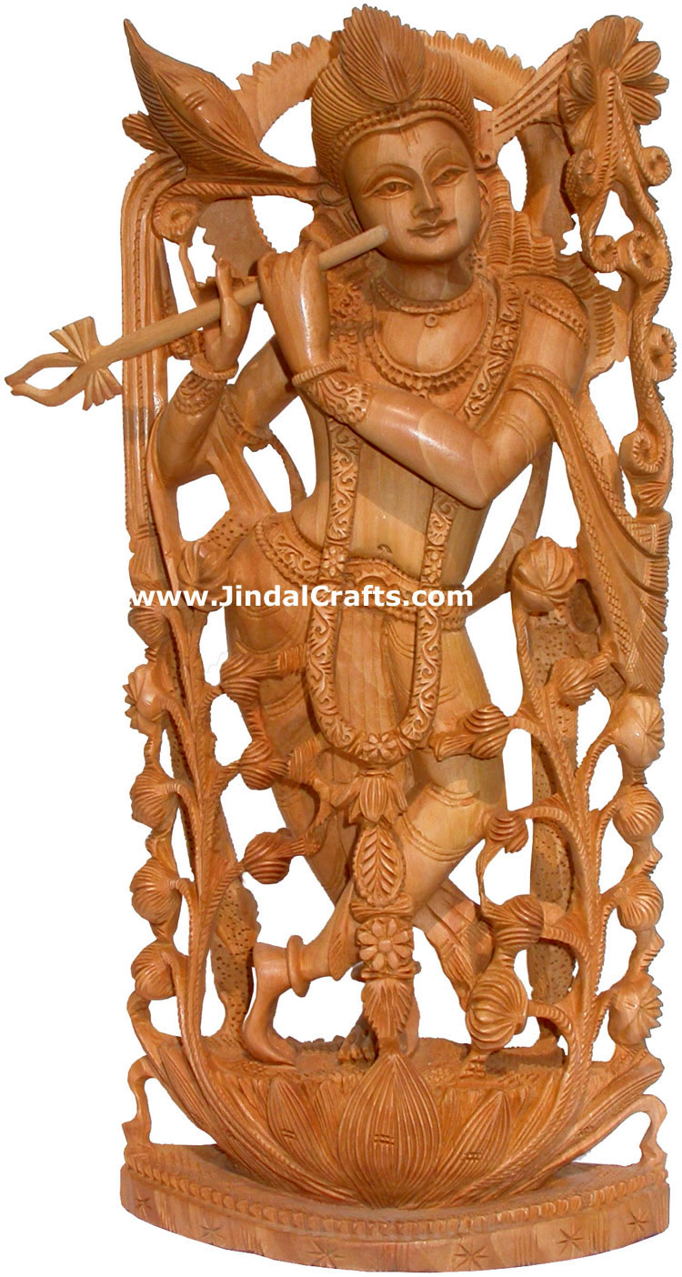 Hand Carved Wooden Lord Krishna Figure Indian Art