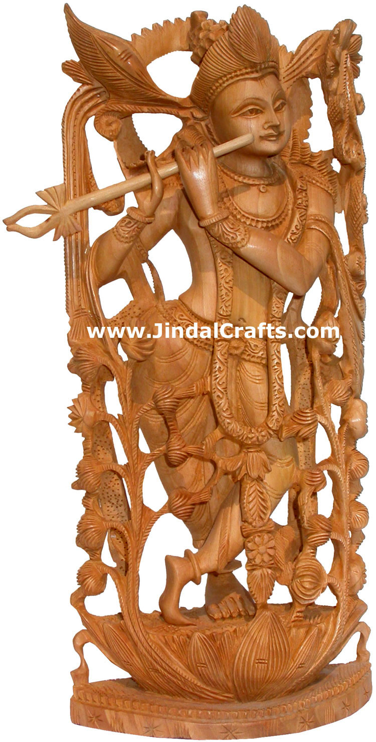 Hand Carved Wooden Lord Krishna Figure Indian Art