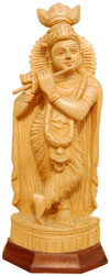 Handcrafted Wooden Lord Krishna Hindu Sculpture Art