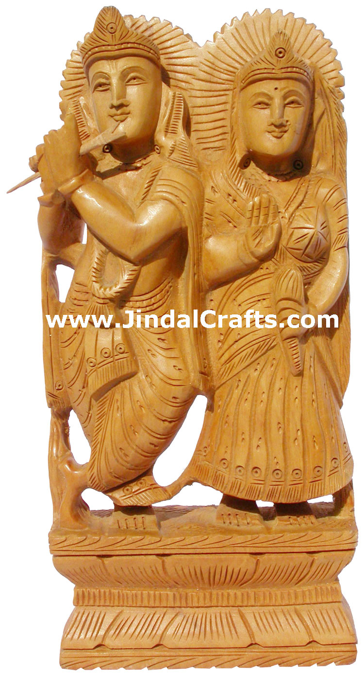 Handcarved Wood Sculpture Radha Krishna Hindu Art India